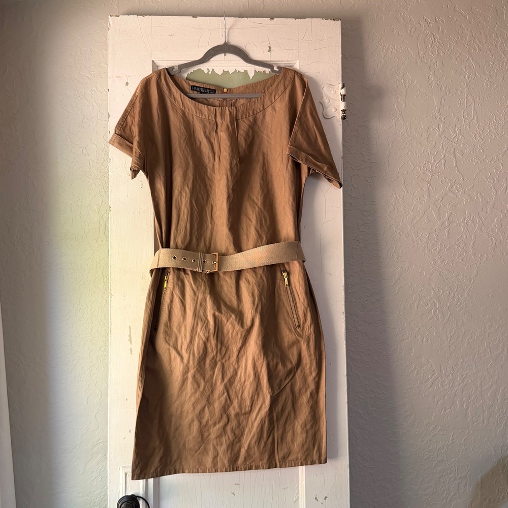 Lafayette 148 New York Tan Belted Zip Pocket Shift Dress Size 12 Camel Short Slv